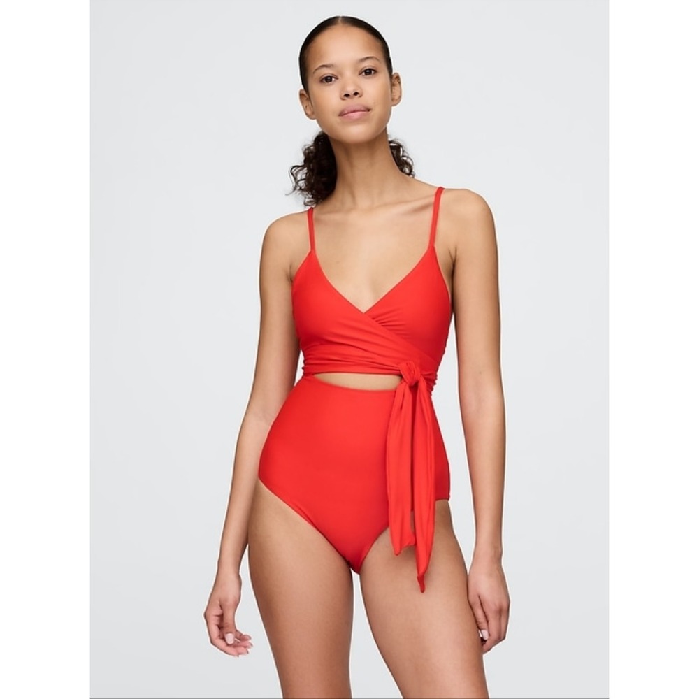 New Gap Swimsuit XL One Piece Red Front Tie Knot Cutout V-Neck Adjustable Straps